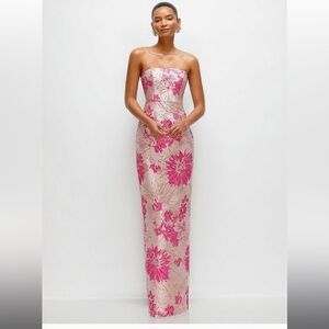 Dessy collection- ALFRED SUNG Pink Hibiscus Floral jacquard strapless Dress NWT